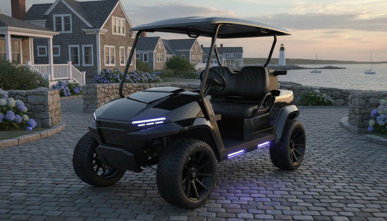 MadJax XSeries golf car in black metallic finish with LED lighting and lifted suspension parked in a New England neighborhood
