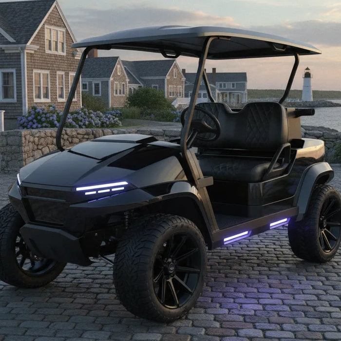 MadJax XSeries golf car in black metallic finish with LED lighting and lifted suspension parked in a New England neighborhood