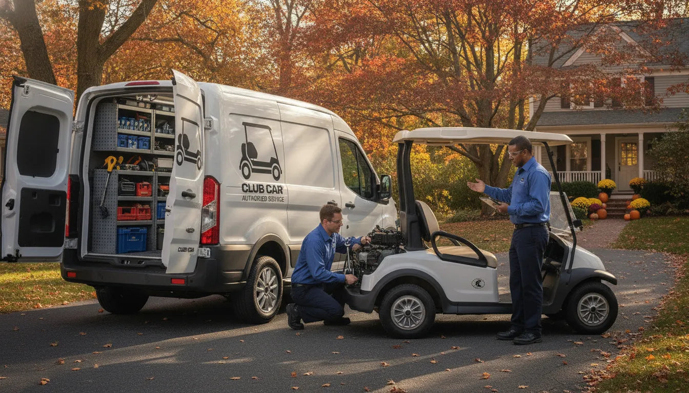 C2 Vehicles mobile golf cart service van with technician performing on-site repairs in a New England driveway