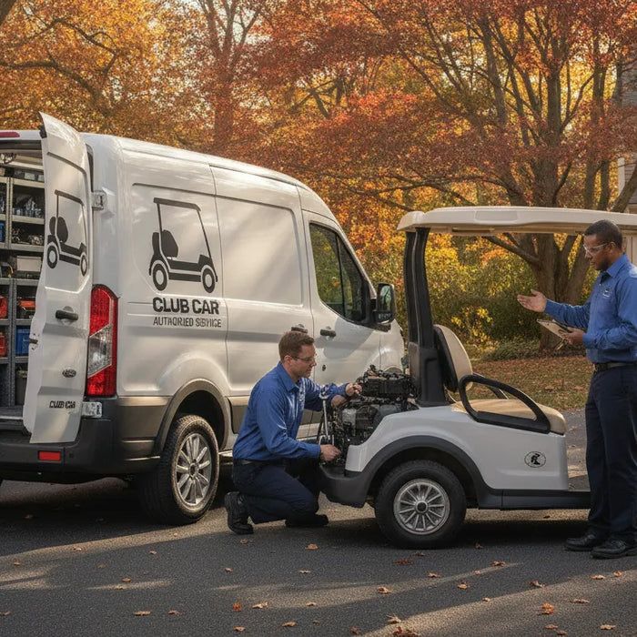 C2 Vehicles mobile golf cart service van with technician performing on-site repairs in a New England driveway