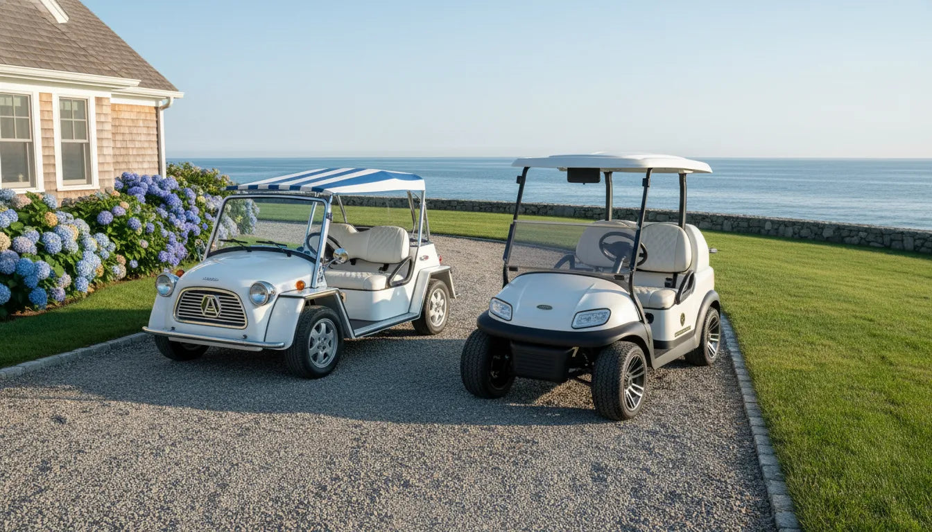 Moke electric vehicle parked beside a premium golf cart
