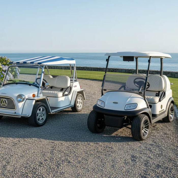 Moke electric vehicle parked beside a premium golf cart