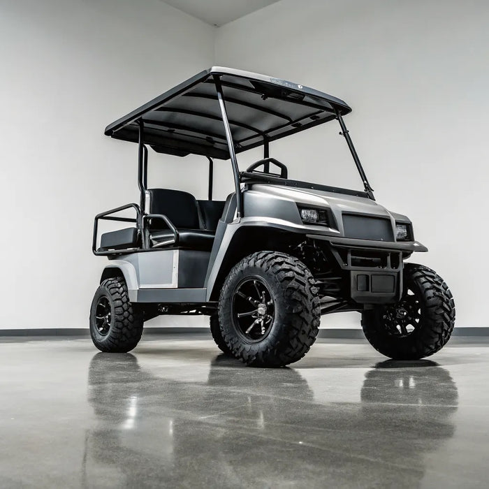 A custom monster golf cart with a lift kit and off-road tires in a showroom.