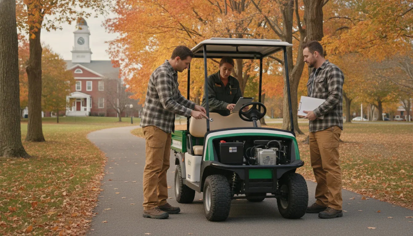 Compact utility cart beside a path in a New England municipal park