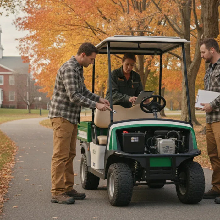 Compact utility cart beside a path in a New England municipal park