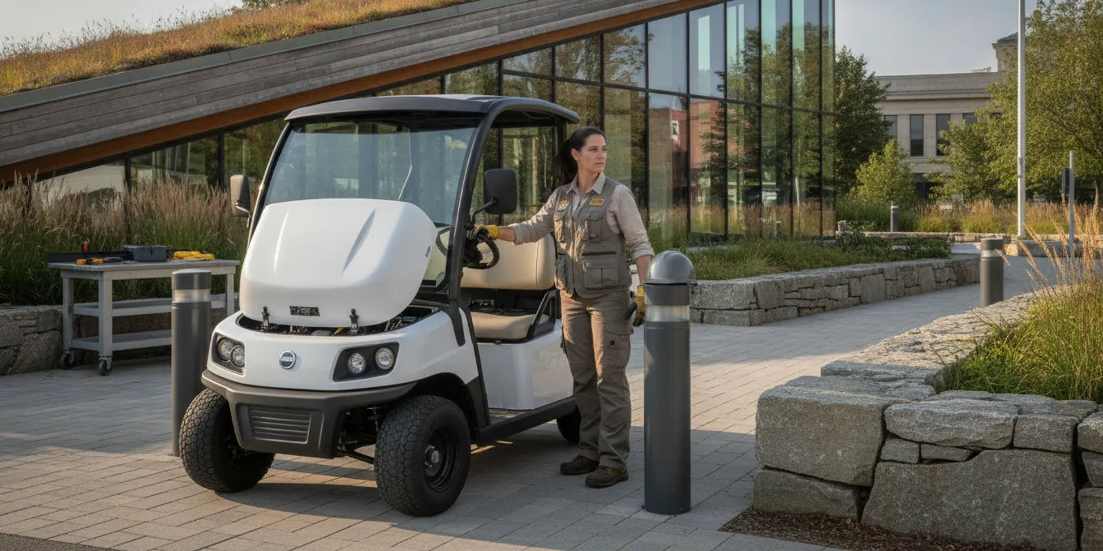 Municipal staff member reviewing a compact utility vehicle near a public grounds building
