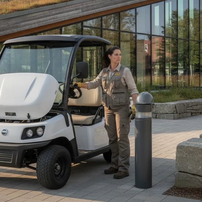 Municipal staff member reviewing a compact utility vehicle near a public grounds building