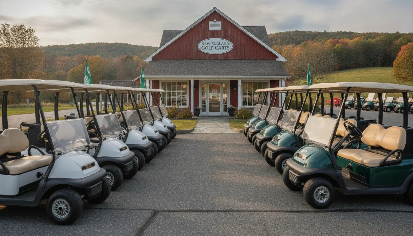 New and pre-owned golf carts displayed side by side