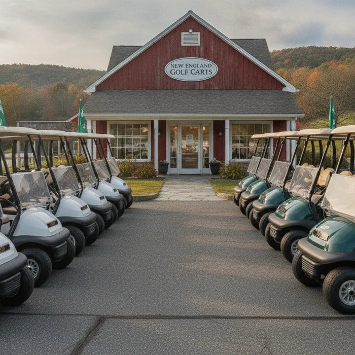 New and pre-owned golf carts displayed side by side