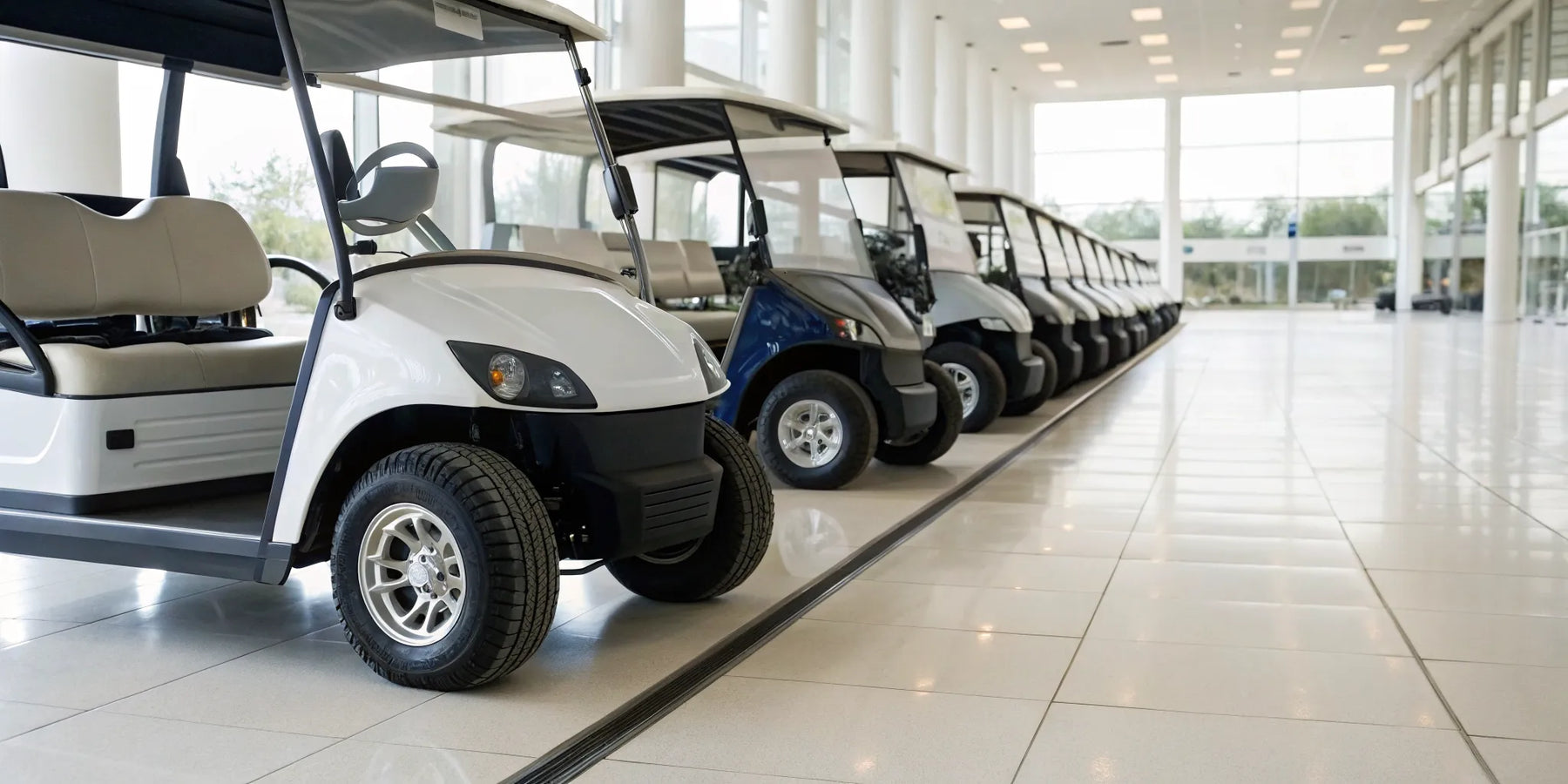Pre-owned electric golf carts lined up for inspection in a dealer showroom.