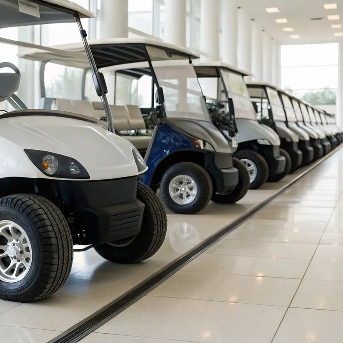 Pre-owned electric golf carts lined up for inspection in a dealer showroom.