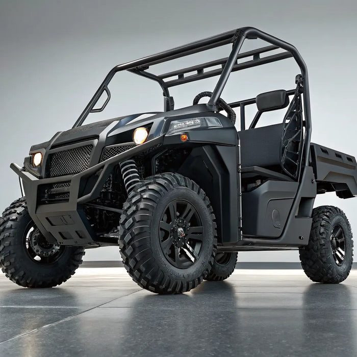 Black Realtree UT400 RT gas utility vehicle with rugged tires and an open cab.