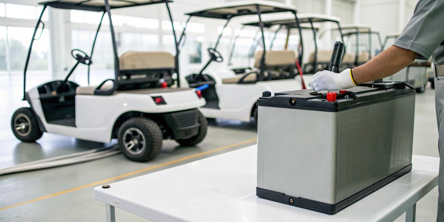 Refurbished batteries for golf carts being inspected in a workshop.