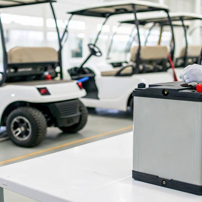 Refurbished batteries for golf carts being inspected in a workshop.