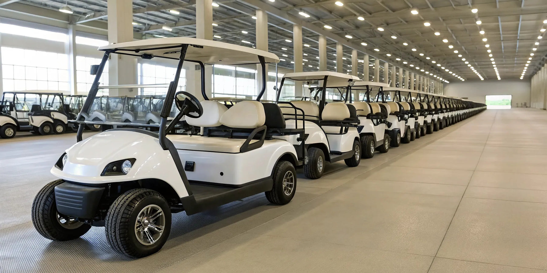 Professionally refurbished golf carts lined up for inspection at a dealership.