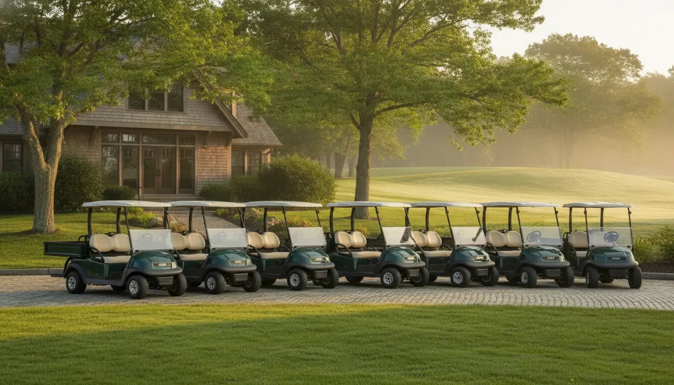 Resort golf cart rentals staged for seasonal guest transportation in New England