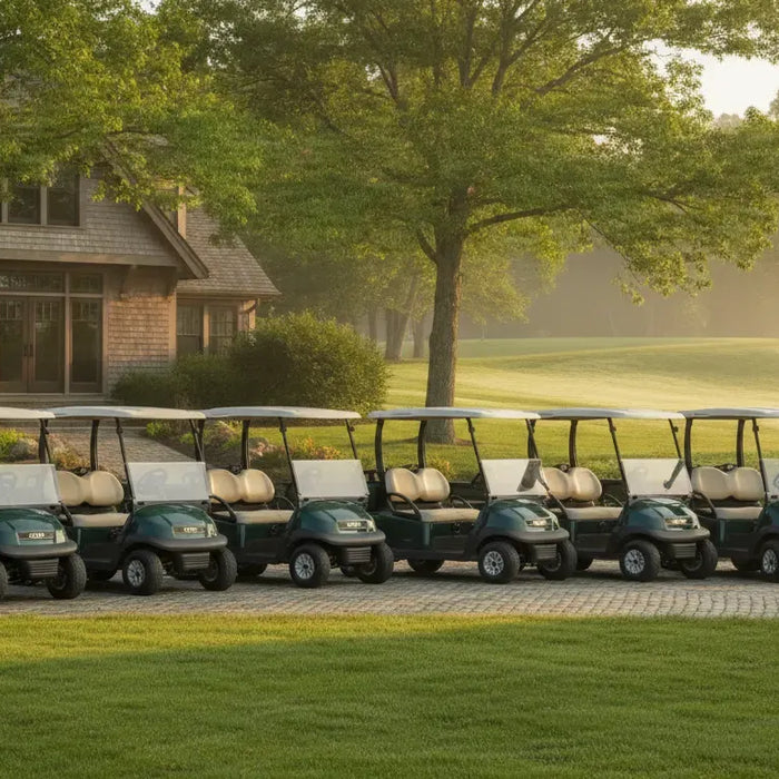 Resort golf cart rentals staged for seasonal guest transportation in New England