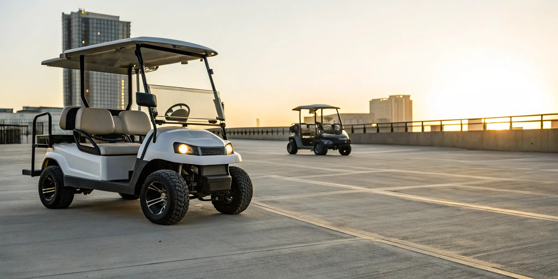 Street legal Club Car golf carts parked on a city street.