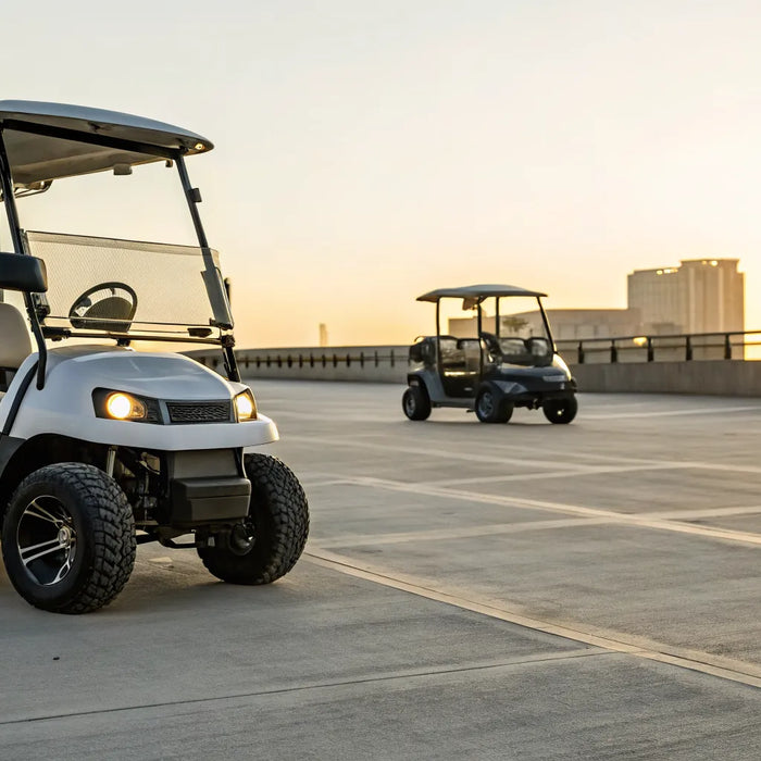 Street legal Club Car golf carts parked on a city street.