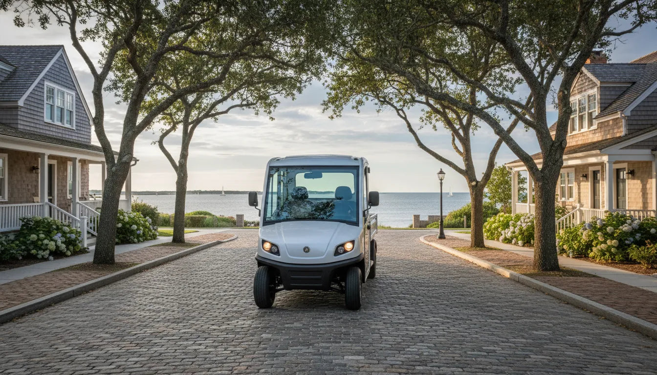 Street legal golf cart on a New England road