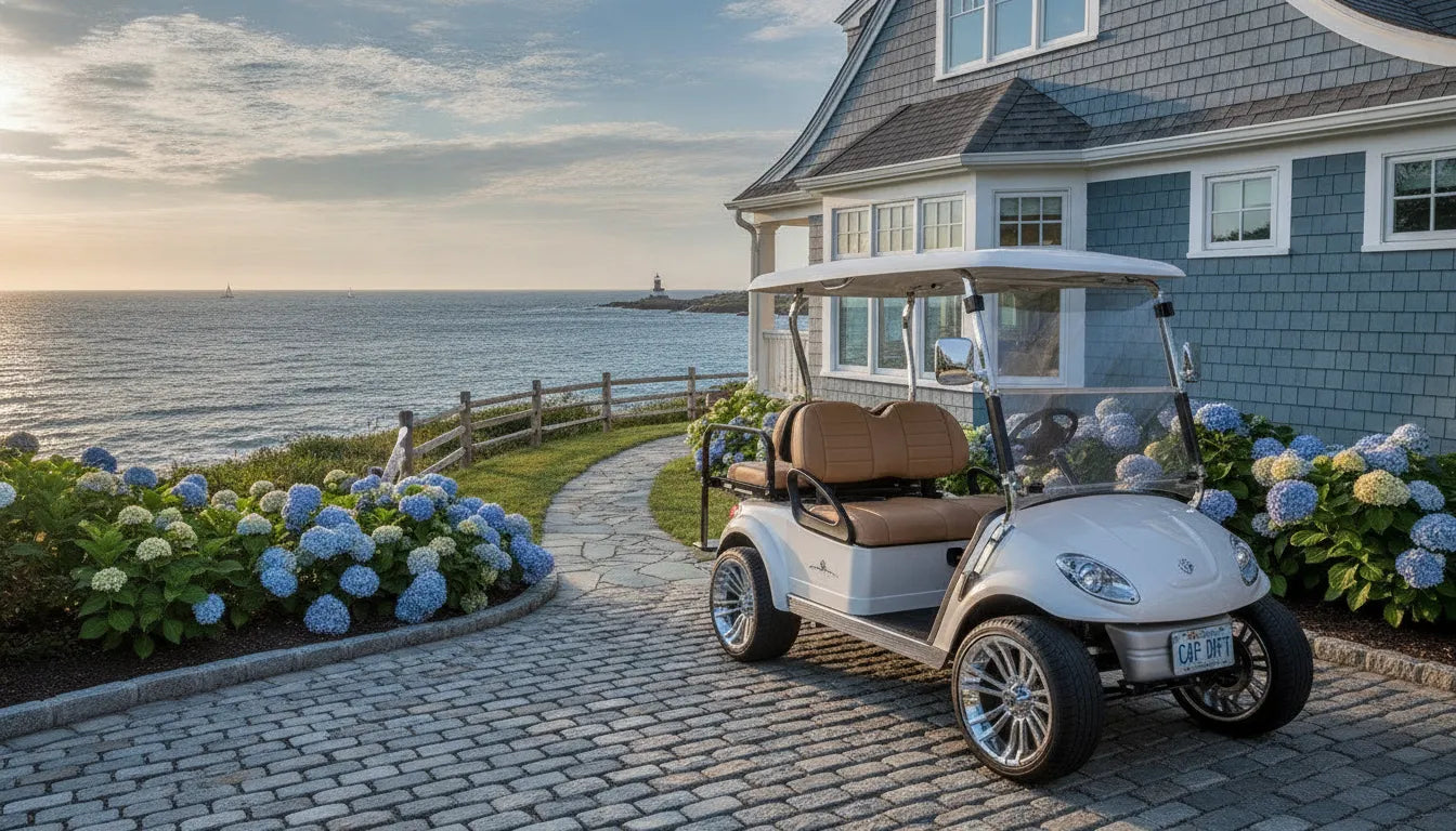 A premium street-legal electric golf cart parked near a coastal New England vacation home.