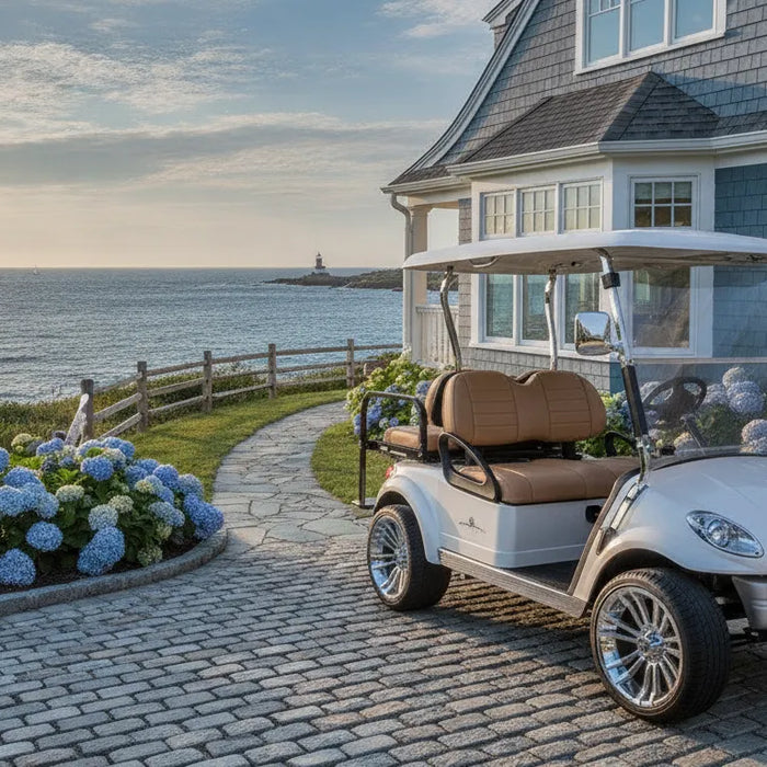 A premium street-legal electric golf cart parked near a coastal New England vacation home.