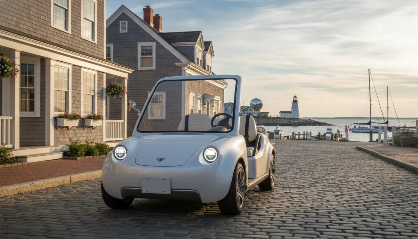 Street legal golf carts and a low-speed electric vehicle in a New England coastal town