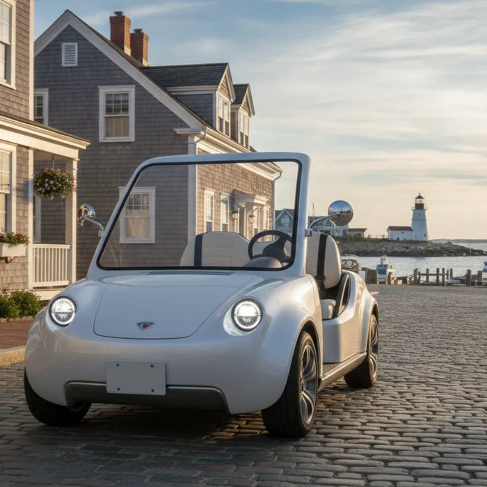 Street legal golf carts and a low-speed electric vehicle in a New England coastal town