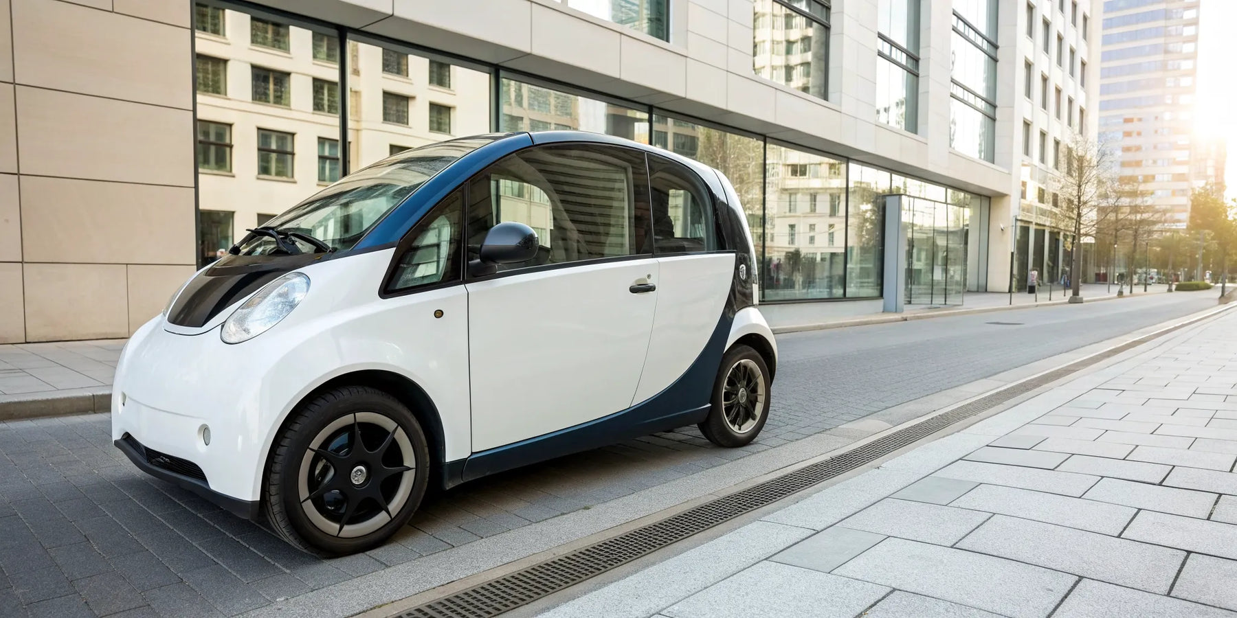A compact street legal low speed vehicle parked on a city street.