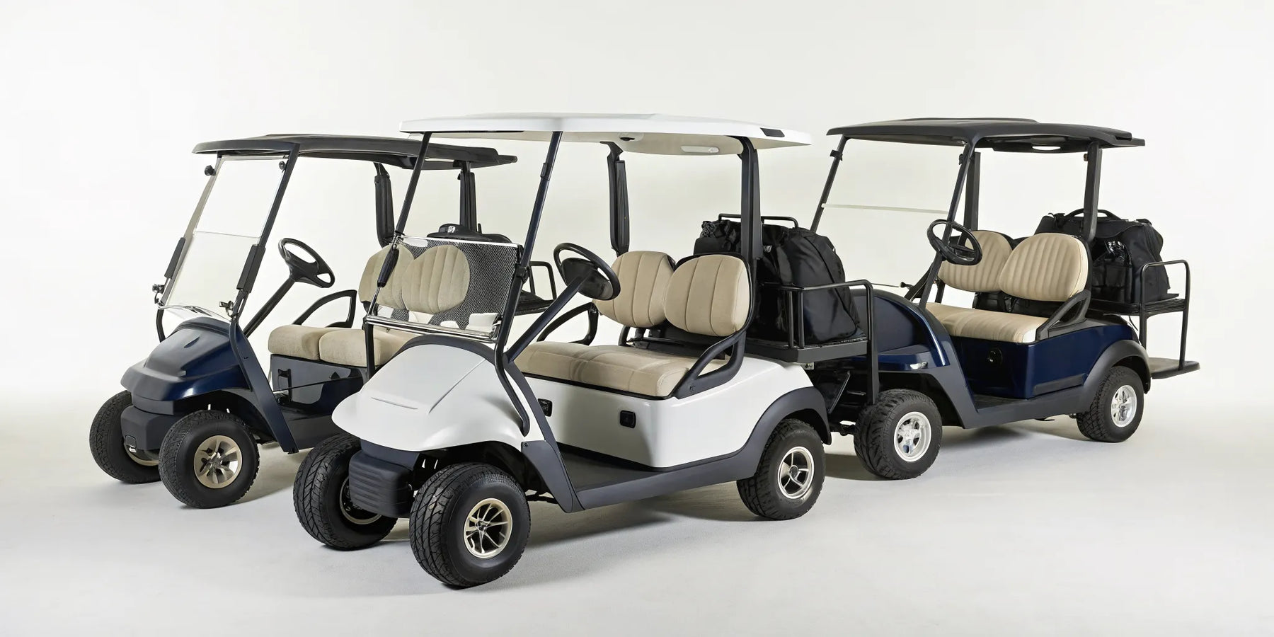 Three top-rated 4-person golf carts with bag holders shown side-by-side.