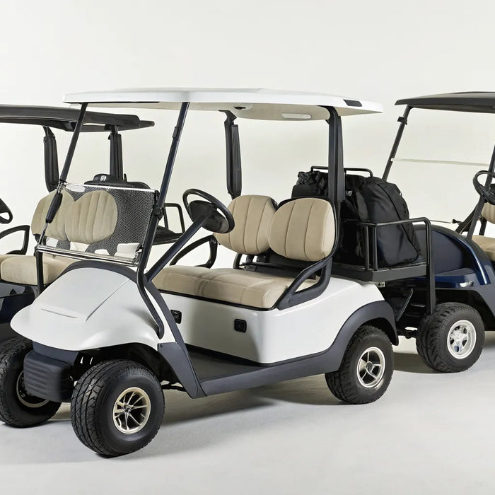 Three top-rated 4-person golf carts with bag holders shown side-by-side.