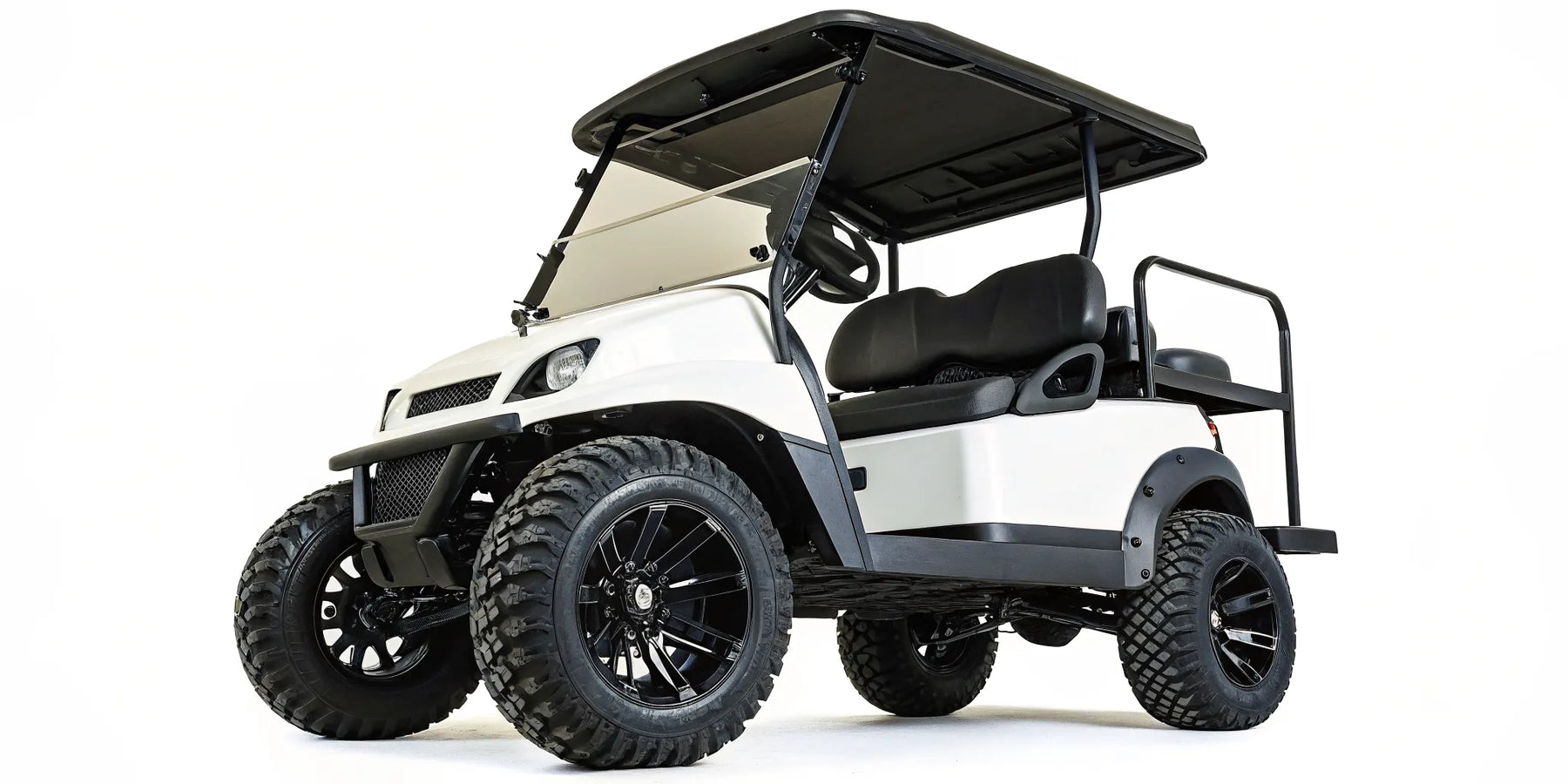 A Club Car golf cart with a lift kit, off-road tires, and increased ground clearance.