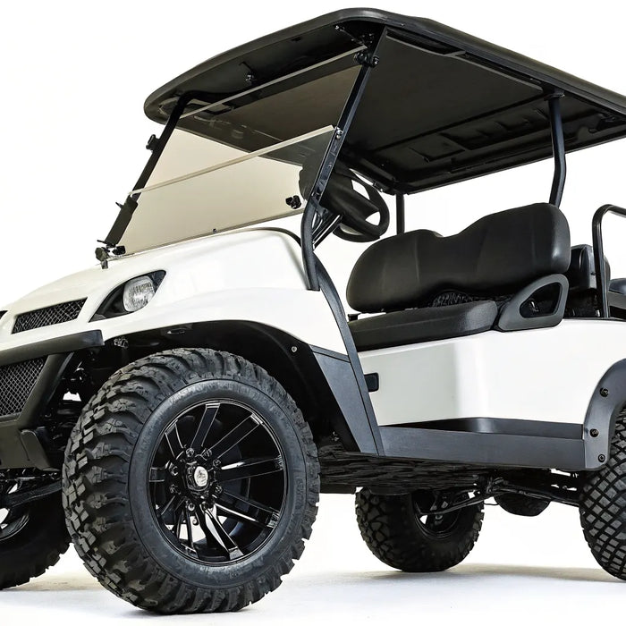 A Club Car golf cart with a lift kit, off-road tires, and increased ground clearance.
