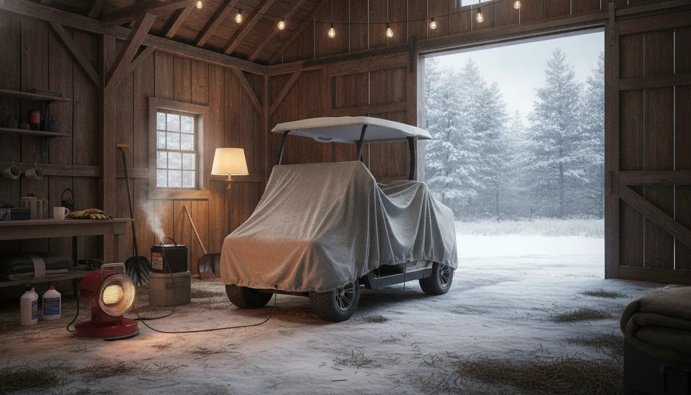 Golf cart parked in New England winter storage with winterization tools nearby