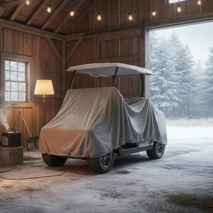 Golf cart parked in New England winter storage with winterization tools nearby