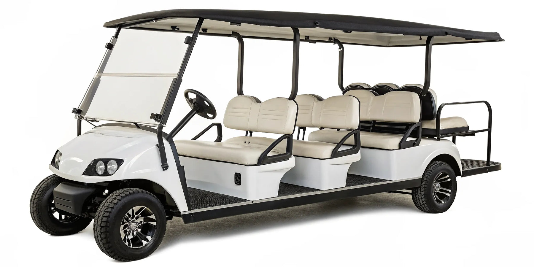E-Z-GO 6 seater golf cart with beige seats and a black roof.