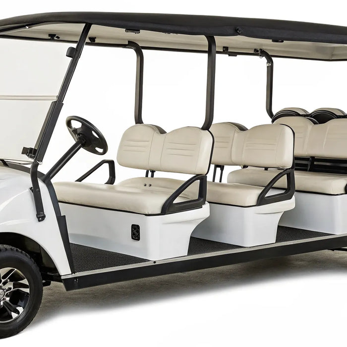 E-Z-GO 6 seater golf cart with beige seats and a black roof.