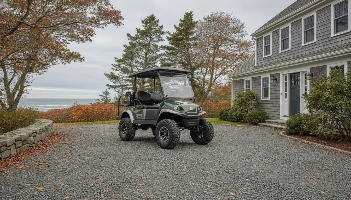 Lifted golf cart on a New England gravel drive
