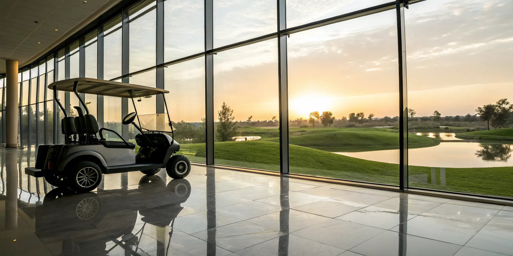One of the most expensive golf carts parked indoors overlooking a golf course at sunset.