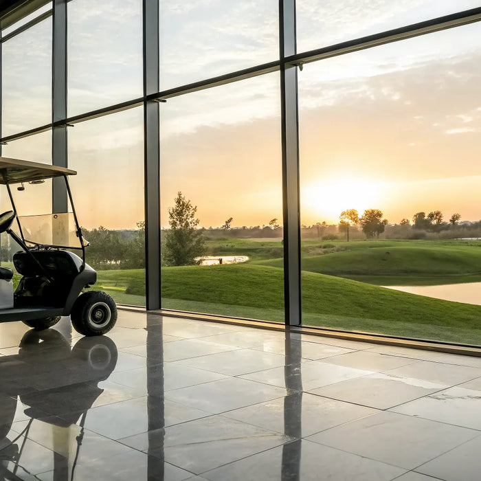 One of the most expensive golf carts parked indoors overlooking a golf course at sunset.
