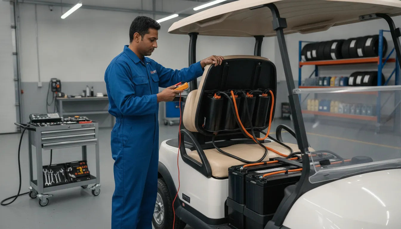 Factory-trained technician inspecting an electric golf cart in a clean c2 Vehicles service bay