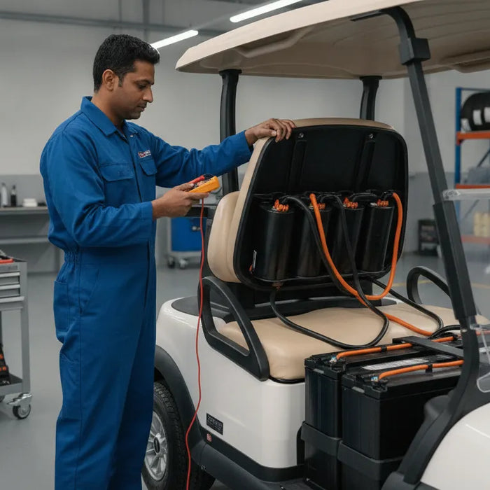 Factory-trained technician inspecting an electric golf cart in a clean c2 Vehicles service bay