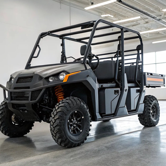 Rugged gas powered utility vehicle with a large cargo bed for hauling and towing.