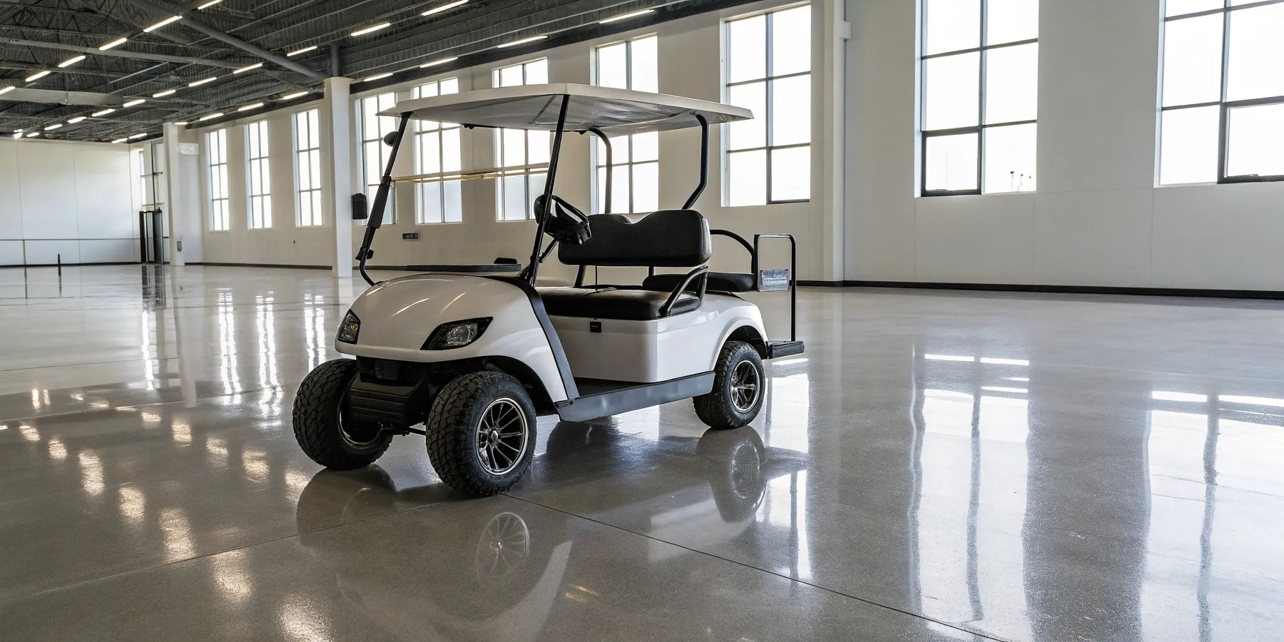 A clean used gas golf cart for sale at a dealership, ready for inspection.