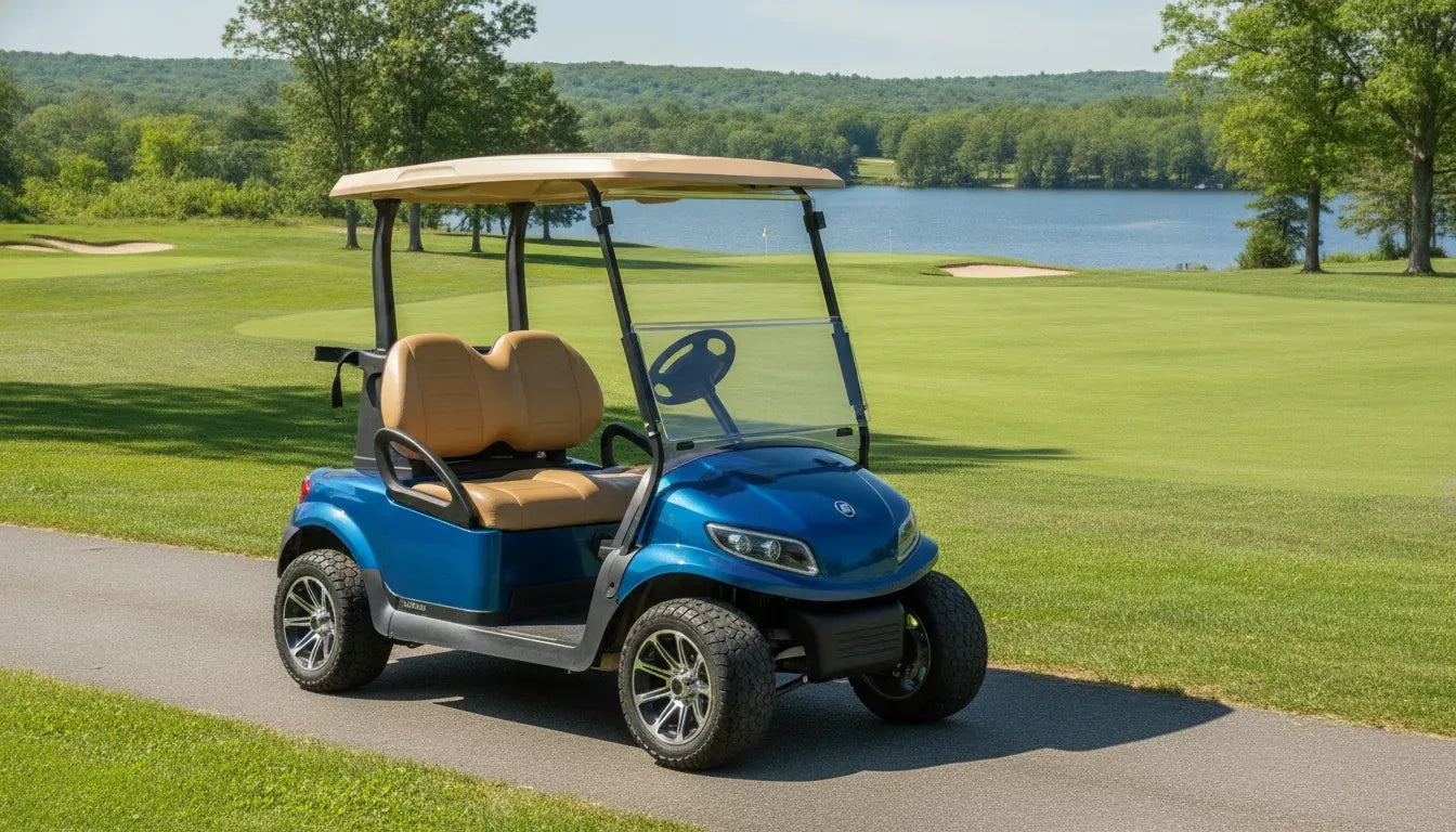 A sleek modern metallic blue lithium golf cart parked on a paved path next to a lush green New England golf course under bright sunny skies.