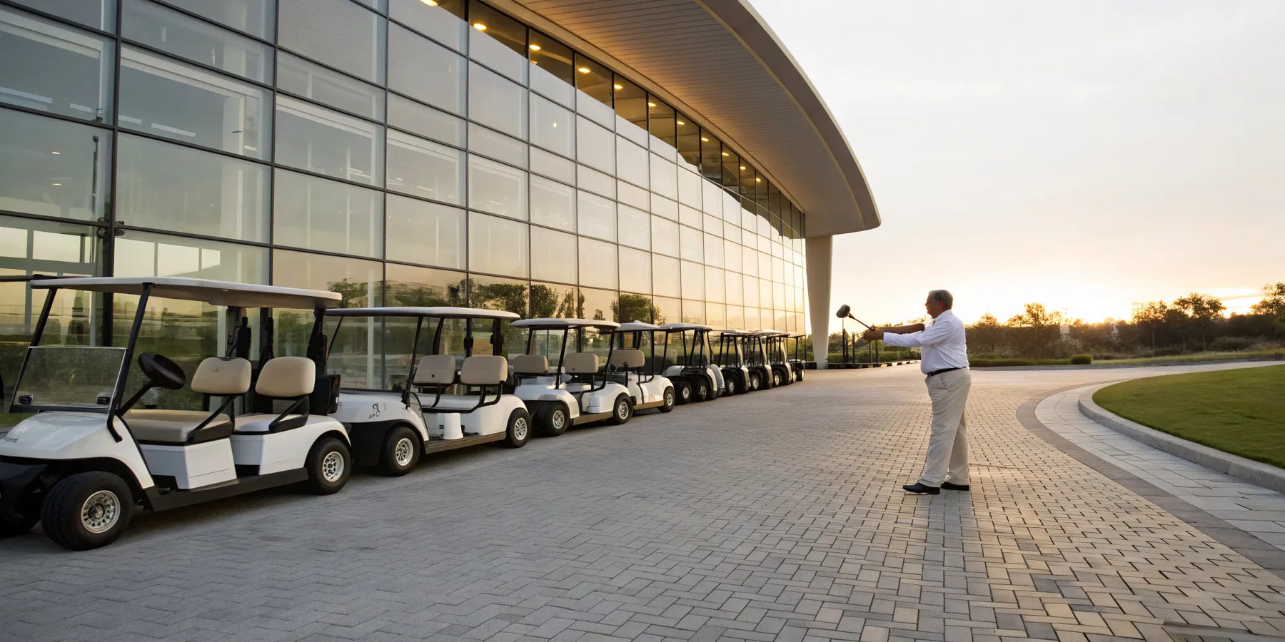 A man considers his golf cart rental options from a row of carts parked at sunset.