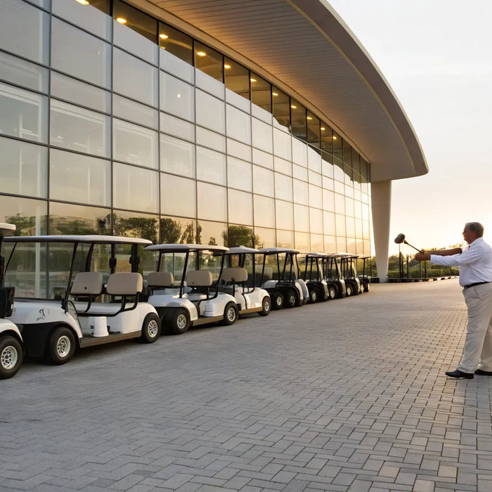 A man considers his golf cart rental options from a row of carts parked at sunset.