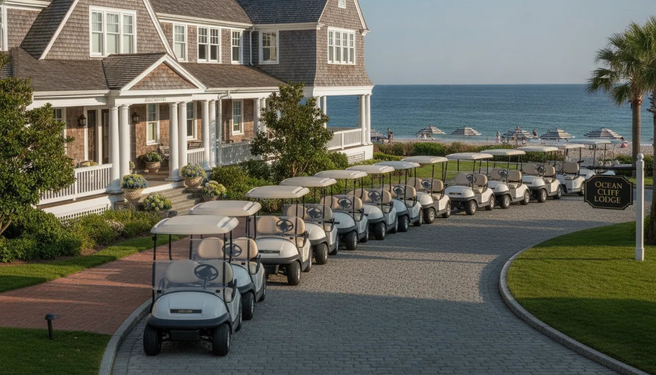 Sleek commercial golf carts parked at a luxury resort
