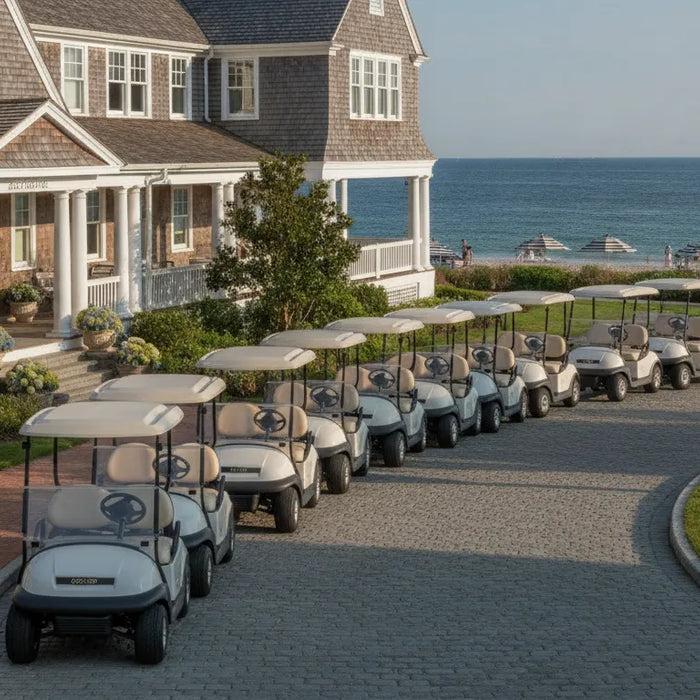 Sleek commercial golf carts parked at a luxury resort