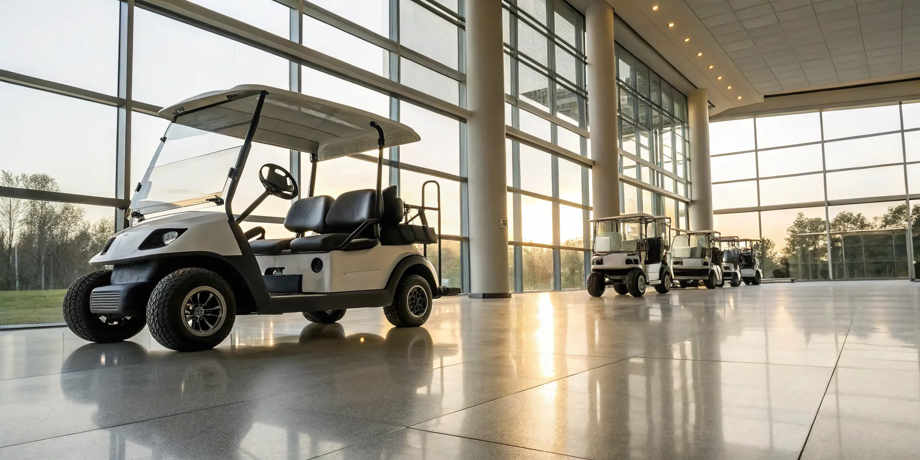 Used Club Car golf carts for sale in a dealer showroom.